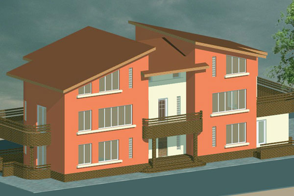 locuinte individuale Imobil parter si doua etaje cu patru apartamente perspectiva frontala 