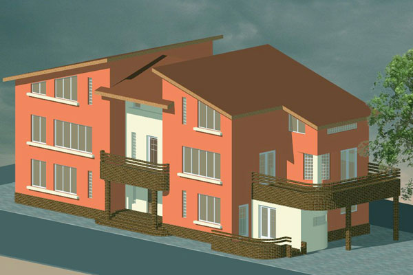 locuinte individuale Imobil parter si doua etaje cu patru apartamente perspectiva laterala dreapta 