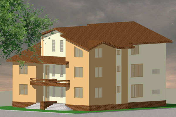Proiect Arhitectura locuinte individuale Imobil parter si doua etaje cu trei aparmante perspectiva laterala 