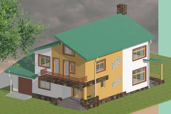 Proiect Arhitectura locuinte individuale Locuinta parter etaj si mansarda cu garaj perspectiva laterala dreapt 